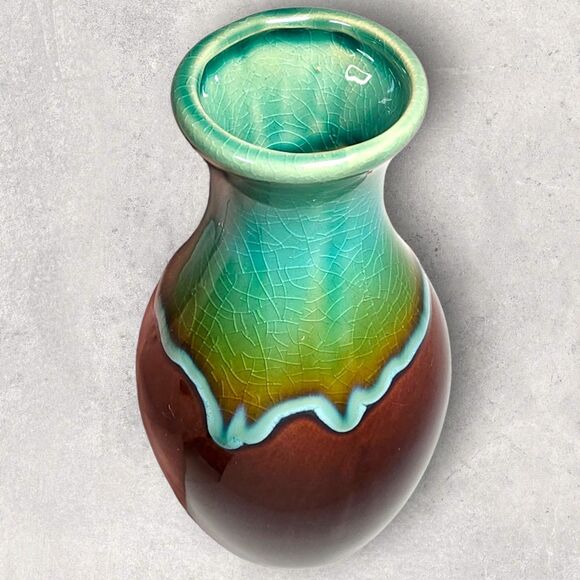 Vintage Teal & Brown Drip Glaze Pottery Bud Vase 6" MCM Retro Artisan Decor - Picture 6 of 12